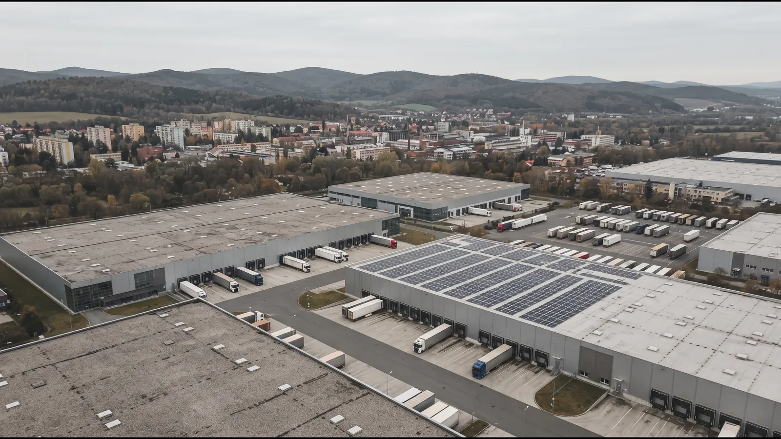 Průmyslová hala s plochou střechou v Ústeckém kraji nasnímaná dronem