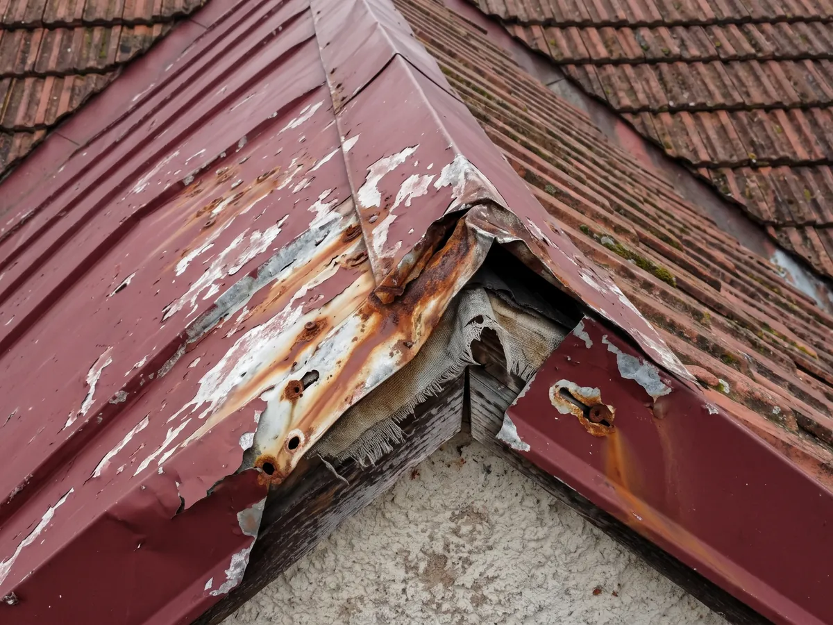 Utržené a nadzvednuté oplechování štítu s vytrženými šrouby zjištěné inspekcí dronem