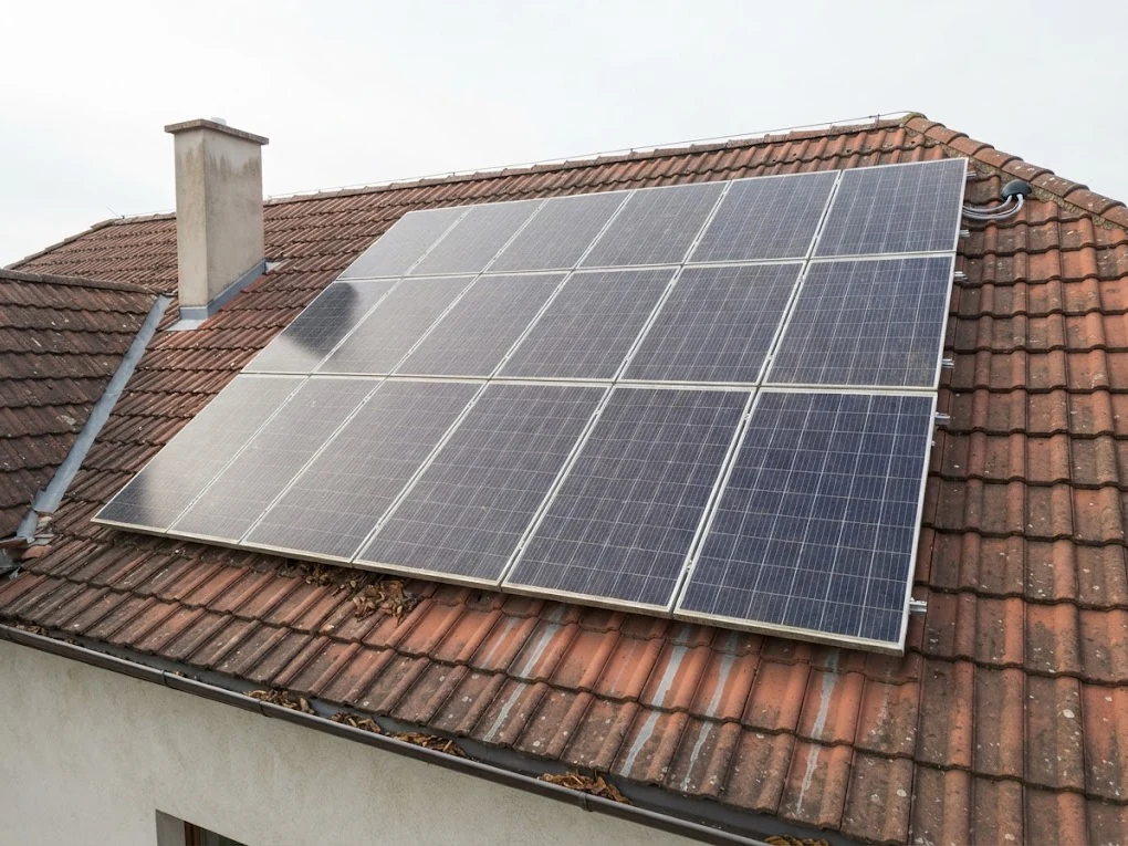 Fotovoltaické panely na střeše rodinného domu z pálené krytiny z dronu