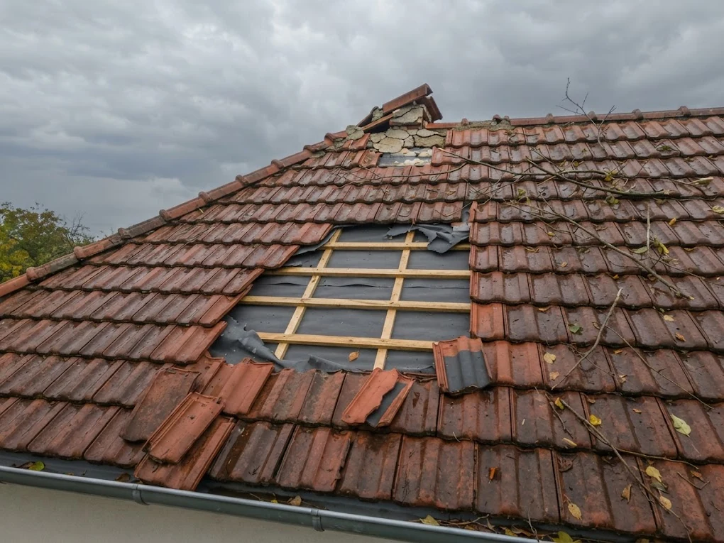 Střecha po vichřici s chybějícími taškami a obnaženým laťováním